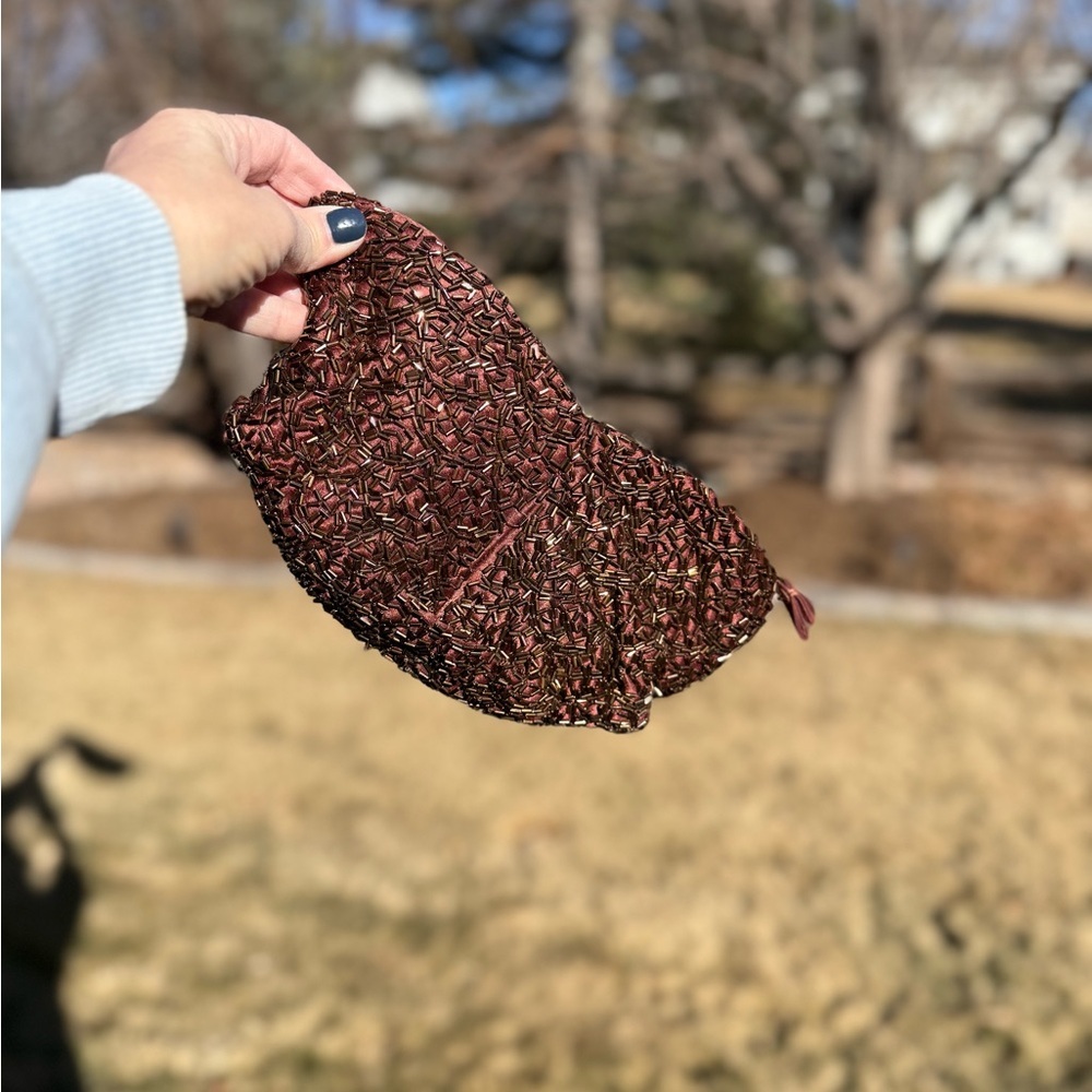 Vintage Beaded Brown Evening Bag Purse Silky Inside Reads Warre As Designer Zip